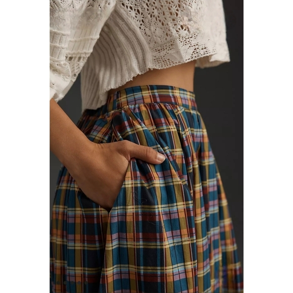 Maeve Anthropologie Jacie Multicolor Plaid Cotton A-Line Midi Skirt Pockets - Picture 3 of 13